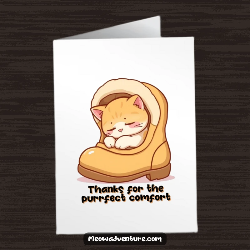 Funny free printable thank you card: A comfortable sleepy cat rests inside a boot, expressing quiet thanks.