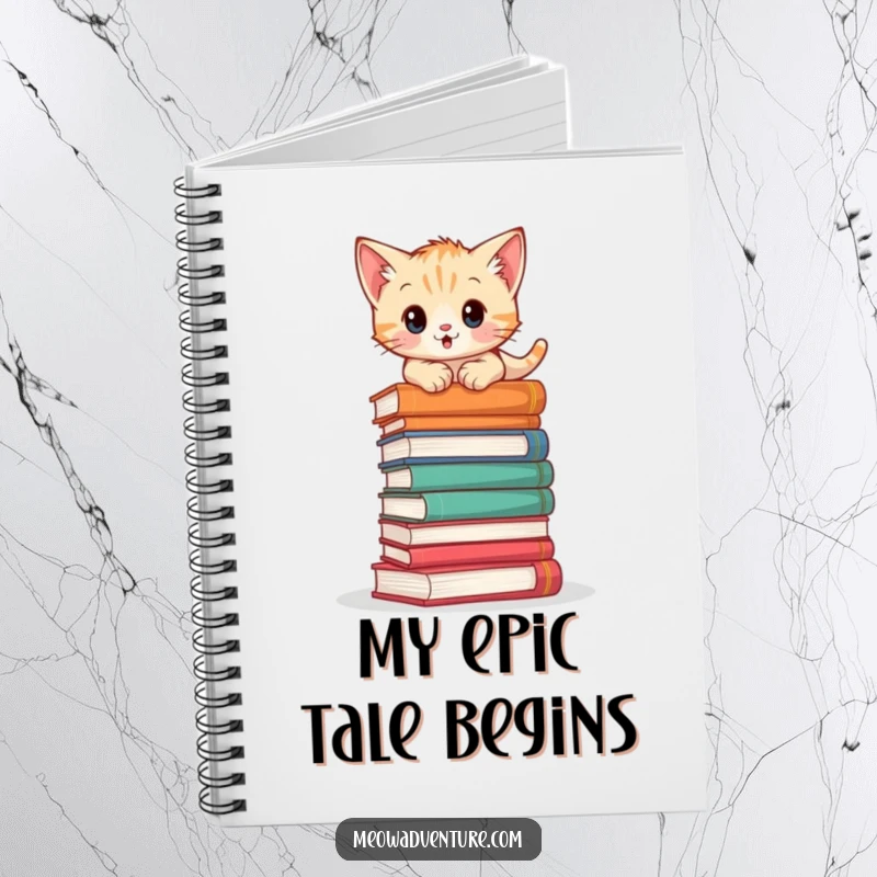 Adventurous kitten notebook with a cat climbing a stack of books, perfect for journaling daring ideas and literary notes.