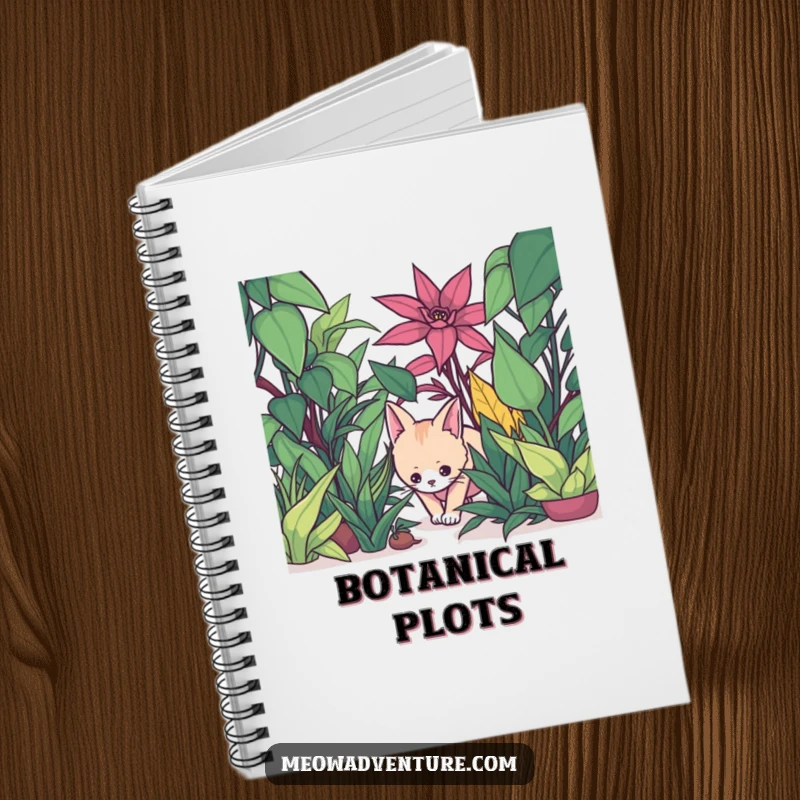 Funny notebook with a stealthy cat creeping through oversized houseplants, for recording secret plans.