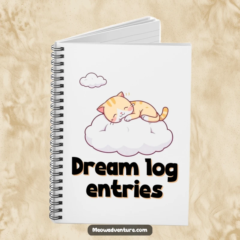 Funny notebook with a sleepy cat napping on a cloud, perfect for journaling dreams and peaceful reflections.