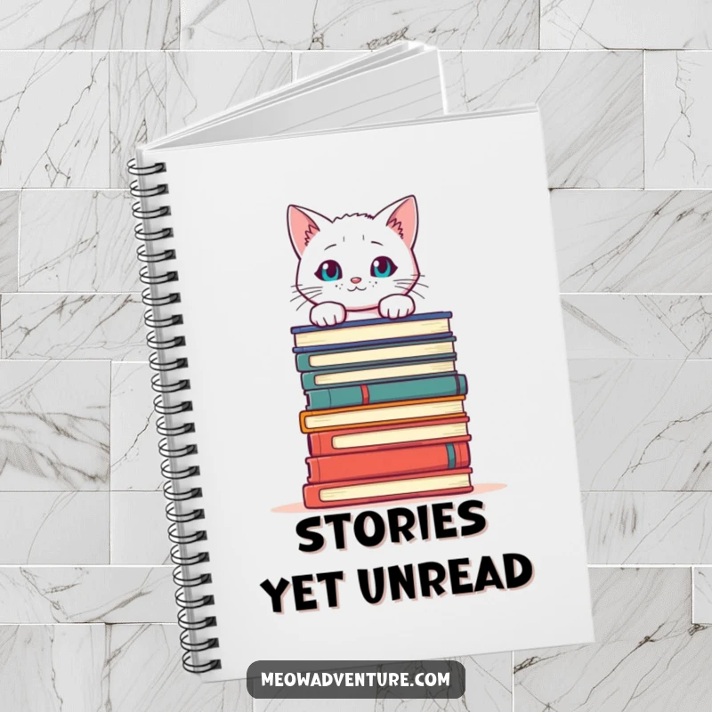 Funny Cat Books Notebook with a curious white cat peeking over books, inspiring stories and organized thoughts.