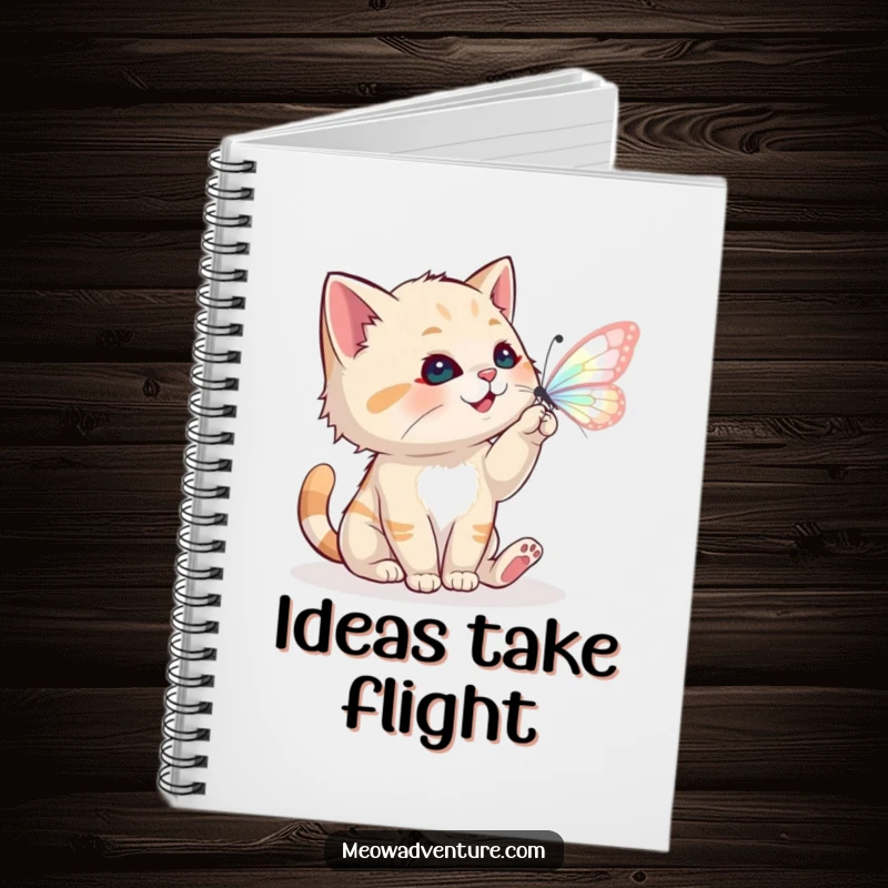 Funny notebook with a playful cat batting at a magical butterfly, for jotting down whimsical ideas.