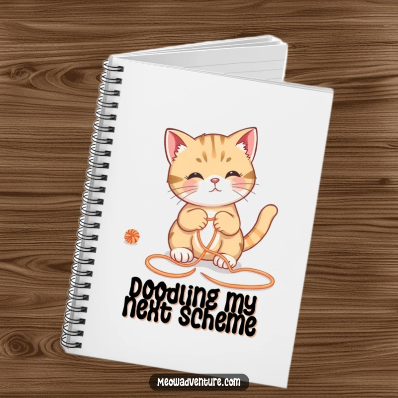Funny cat notebook, clever feline navigating a yarn maze, humorous stationery for note-taking and brainstorming, ideal funny gift.