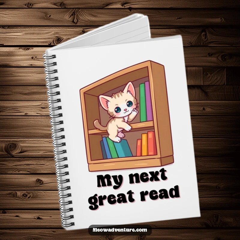 Funny curious kitten notebook with a small cat scaling an oversized bookshelf. Ideal for documenting literary adventures.