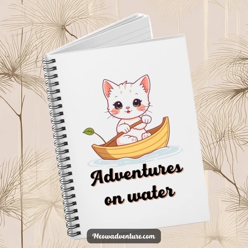 Funny notebook featuring a kitten rowing a leaf boat, ideal for journaling adventures, jotting notes, and creative writing.