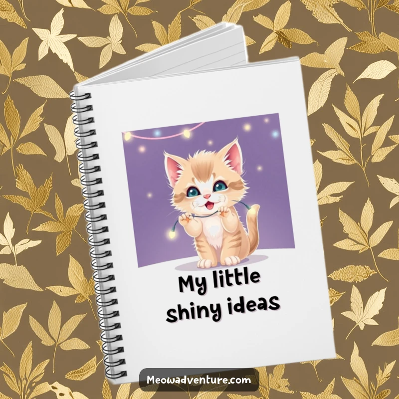 Funny spiral notebook with a mischievous kitten batting at a string of twinkling fairy lights.