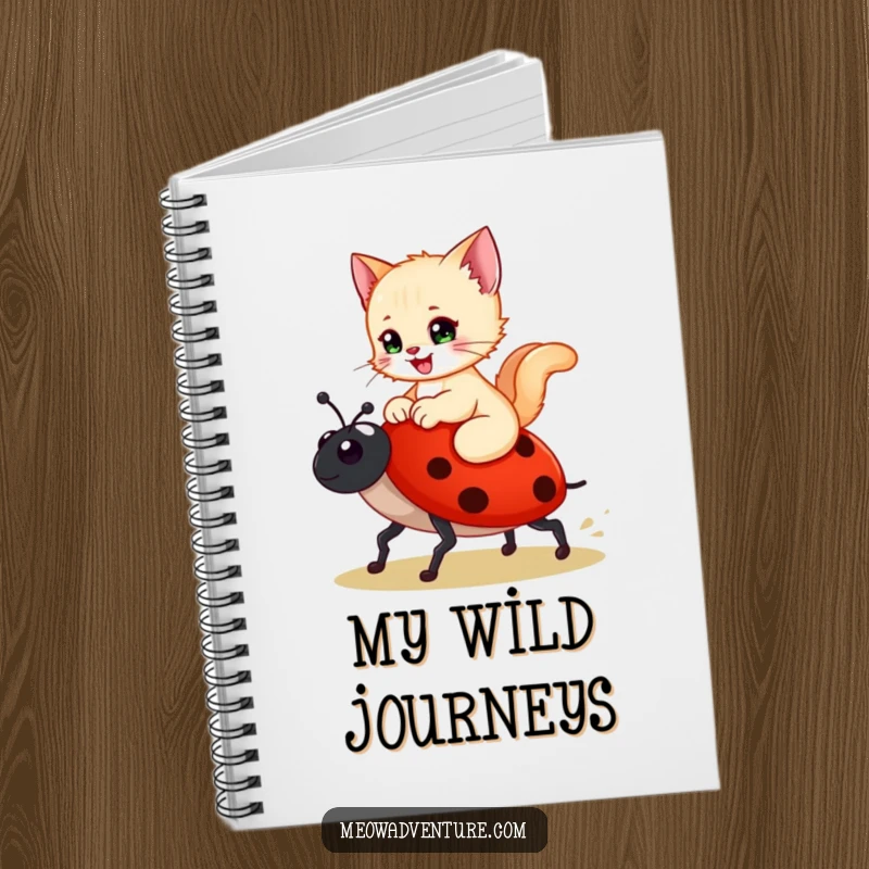 Funny notebook with a happy kitten riding a ladybug like a steed, perfect for capturing whimsical thoughts.