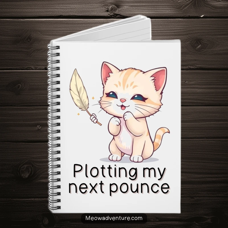 Funny notebook with a mischievous kitten batting at a floating feather, perfect for jotting down ideas with a dash of playful humor.