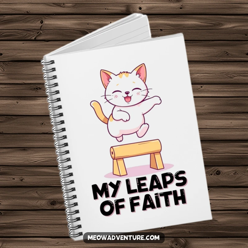 Funny playful cat leaping gracefully over an imaginary obstacle on a notebook cover, a creative and funny gift.