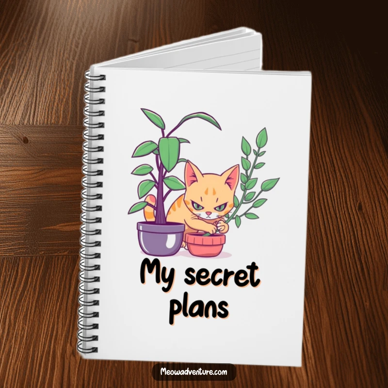 Funny notebook cover with a stealthy cat intensely focused, hiding behind a houseplant, inspiring secretive and humorous writing.