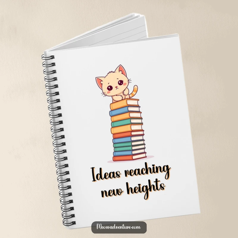Funny kitten climbing a large pile of books on a notebook, perfect for students and writers.