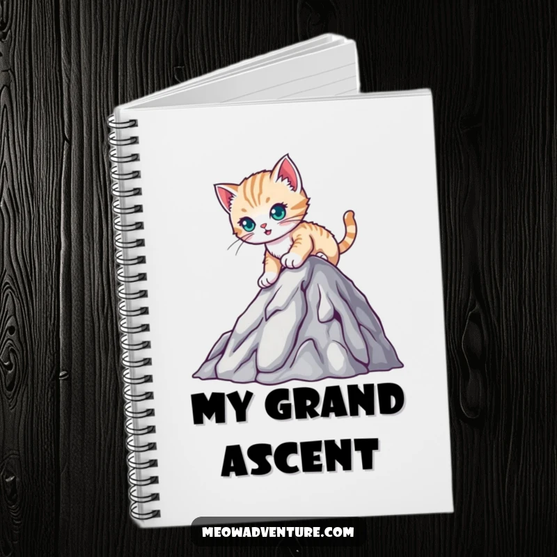 Funny notebook featuring a determined kitten climbing a mountain, ideal for jotting down goals, ideas, and notes with humor.