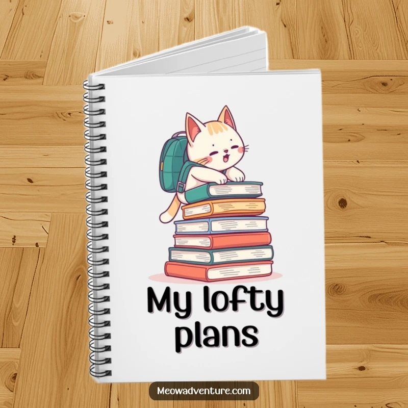 Funny cat with a backpack climbing a stack of books, featured on the cover of a lined notebook.