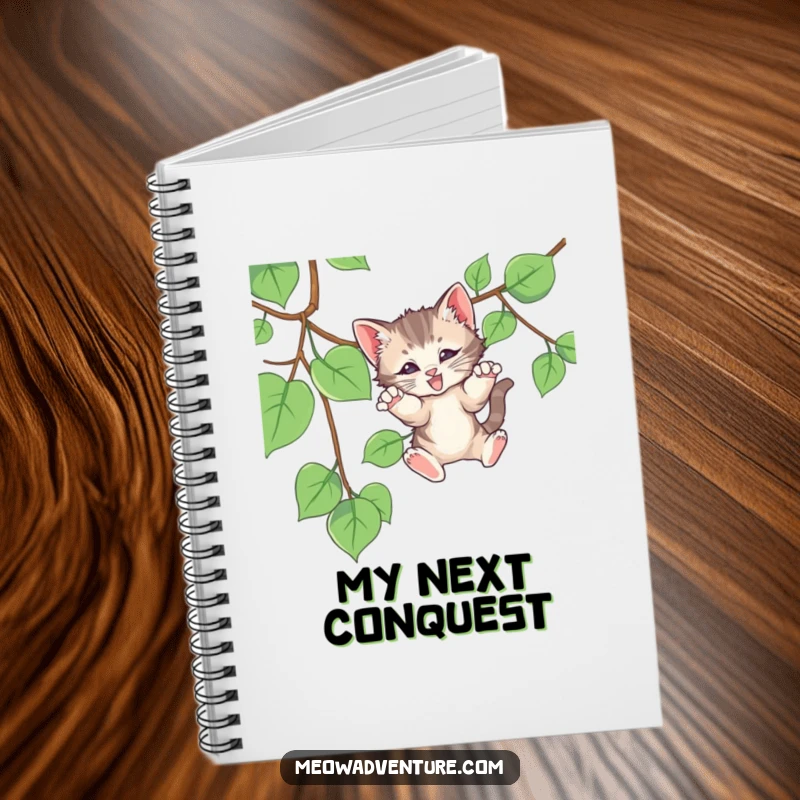 Funny notebook featuring a kitten's energetic pounce on a vine, ideal for notes, sketches, and journaling with a smile.