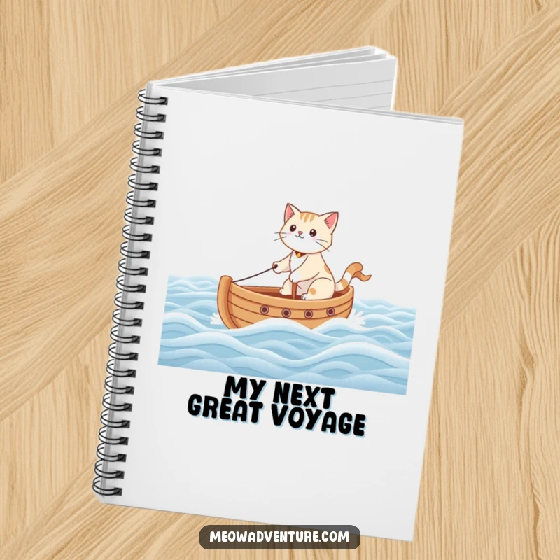 Funny notebook cover with a brave cat sailing a toy boat across a carpet ocean, inspiring creative and humorous thoughts.