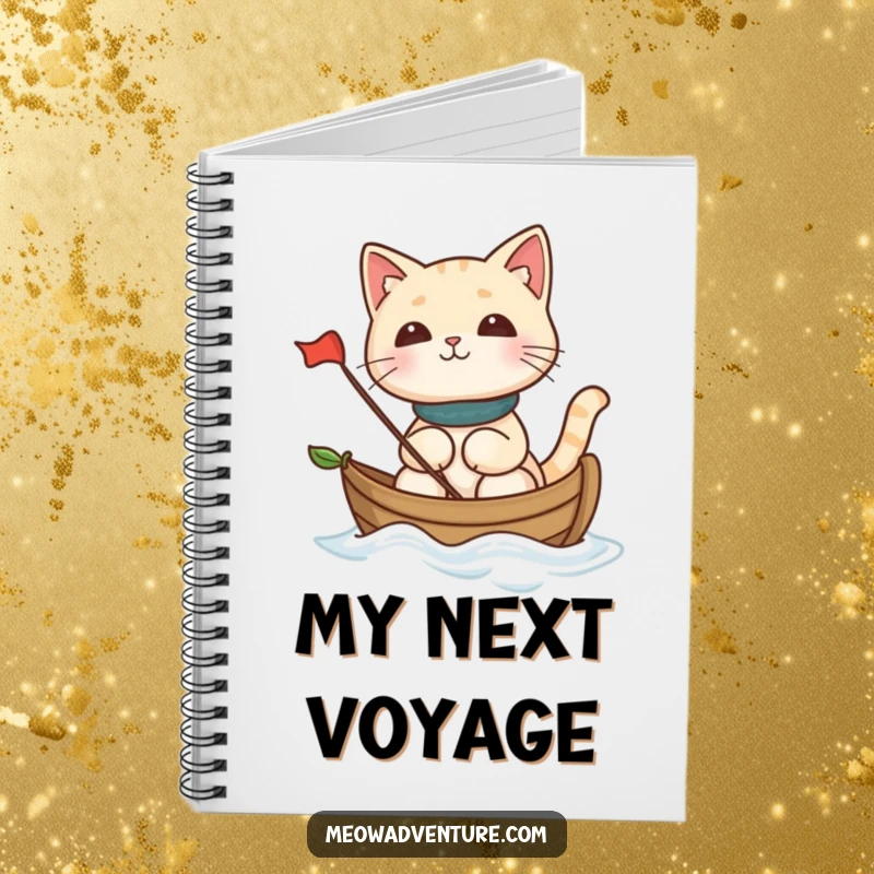 Funny cat sailing a leaf boat on a calm sea, ideal for a funny notebook for journaling and note-taking.