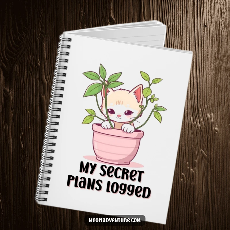 Stealthy kitten notebook featuring a cat peeking from behind a potted plant, perfect for jotting down playful thoughts and notes.