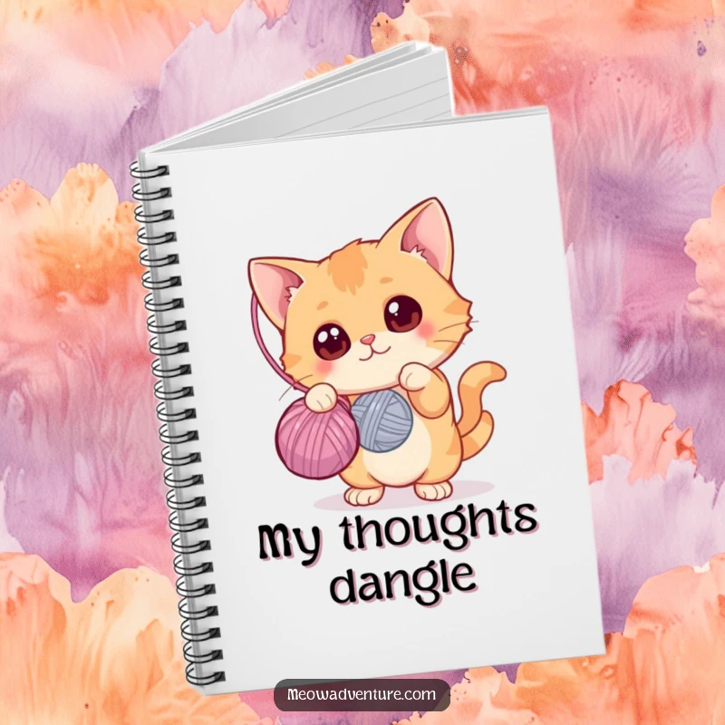 Funny notebook with a curious cat with wide eyes batting at a yarn ball on the cover, ideal for notes, great funny gift.