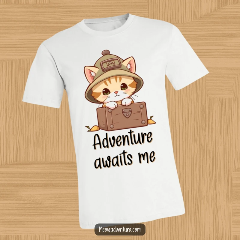 Funny explorer kitten t-shirt showing a brave cat wearing a small explorer hat, intently peering into a treasure chest. Ready for discovery.