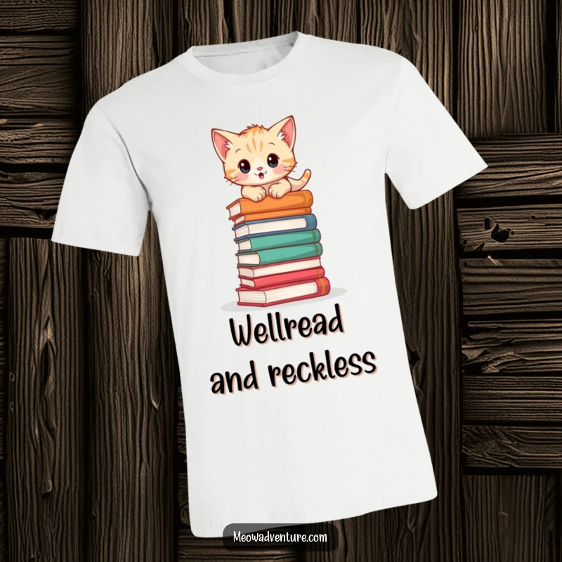 Adventurous kitten t-shirt featuring a cat bravely climbing a precarious stack of books, perfect for bookish adventures.