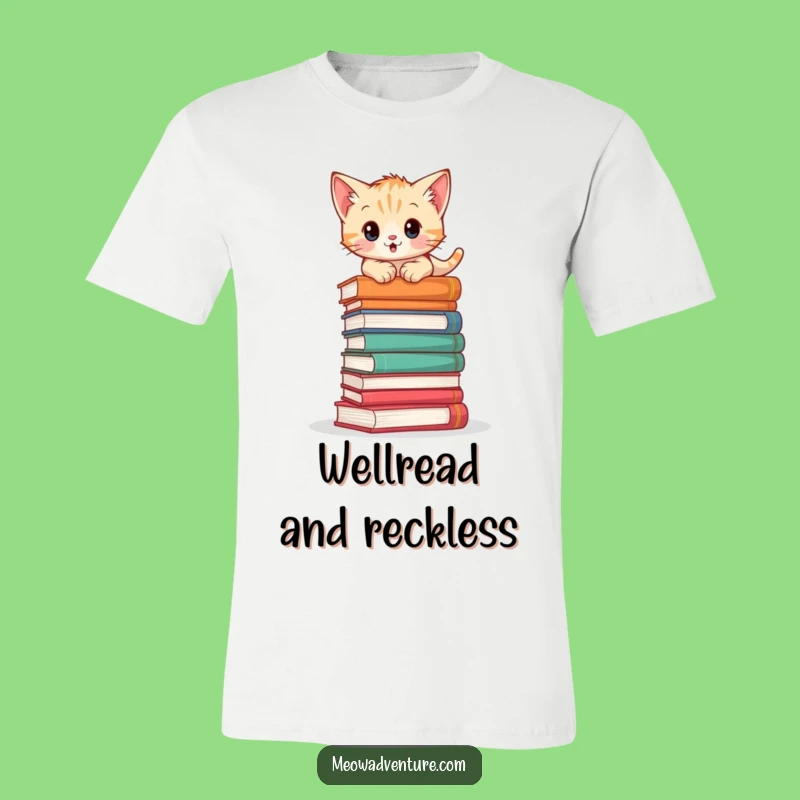 Adventurous Kitten Book Climb T-Shirt: Funny Apparel for Bookish Cat Fans