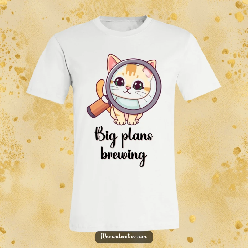 Funny t-shirt with a cat intently examining something through a huge magnifying glass, embodying playful investigation and charming curiosity.