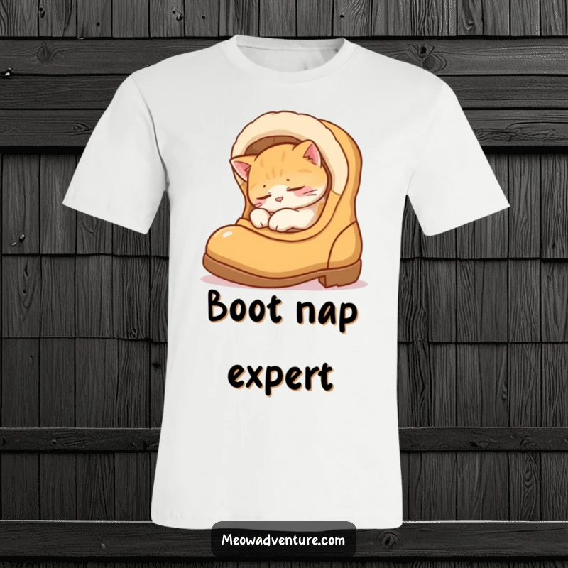 Funny t-shirt featuring a deeply sleeping cat nestled snugly inside a boot, creating a picture of ultimate comfort and laziness.
