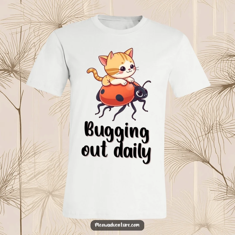 Funny t-shirt featuring a mischievous cat gleefully riding a giant ladybug, embodying pure, unadulterated fun and adventure.