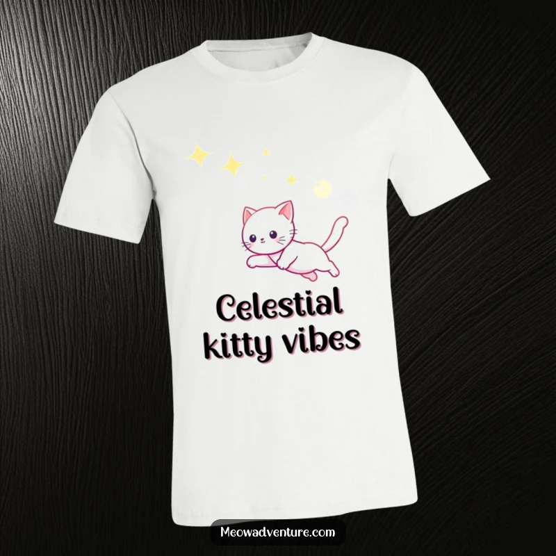 Funny graphic tee with a playful cat leaping through a vibrant starry sky, reaching for a shimmering moonbeam.