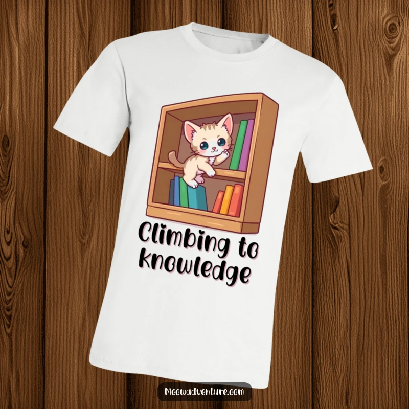 Funny curious kitten t-shirt showing a small kitten scaling an impressively large bookshelf. A celebration of feline curiosity and literature.