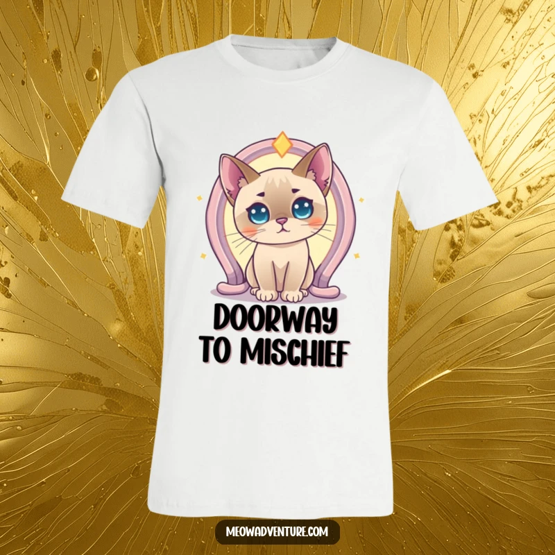 Funny Curious Siamese Cat Portal T-Shirt featuring a wide-eyed Siamese cat captivated by a luminous, otherworldly portal. A humorous statement.