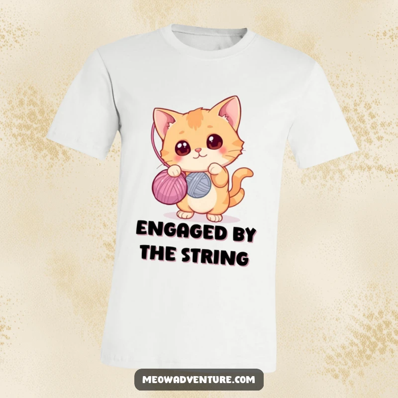 Funny t-shirt graphic of a curious cat with wide eyes batting at a yarn ball, playful and captivated, ideal funny gift.