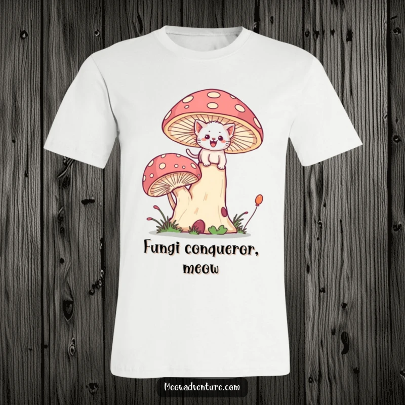 Funny graphic tee featuring a brave kitten joyfully scaling a giant, whimsical mushroom with enthusiastic effort.