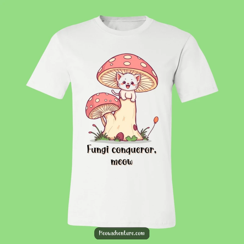 Funny Brave Kitten Mushroom T-Shirt - Joyful Climber Fantasy Tee