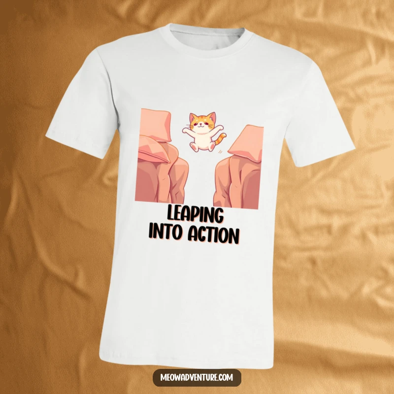 Funny t-shirt featuring a cat in mid-air, leaping daringly across a void between two cushions, embodying courage and feline athleticism.