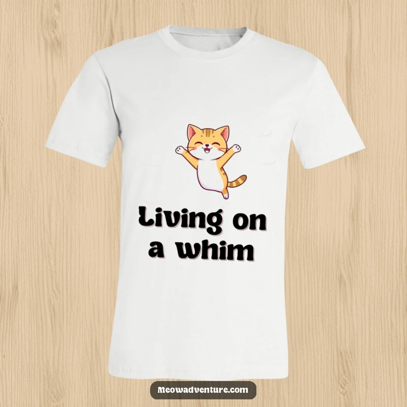 Funny agile cat leaping joyfully between floating cartoon clouds, depicted on a whimsical and humorous t-shirt.