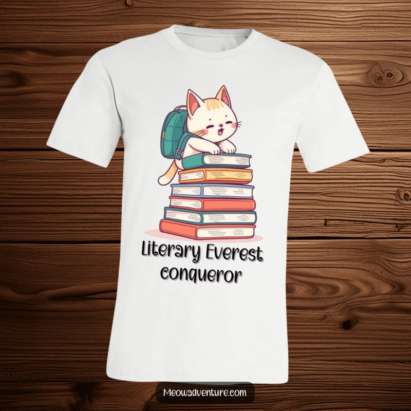 Funny cat with a backpack climbing a colossal stack of books, symbolizing a mountain adventure on a t-shirt.