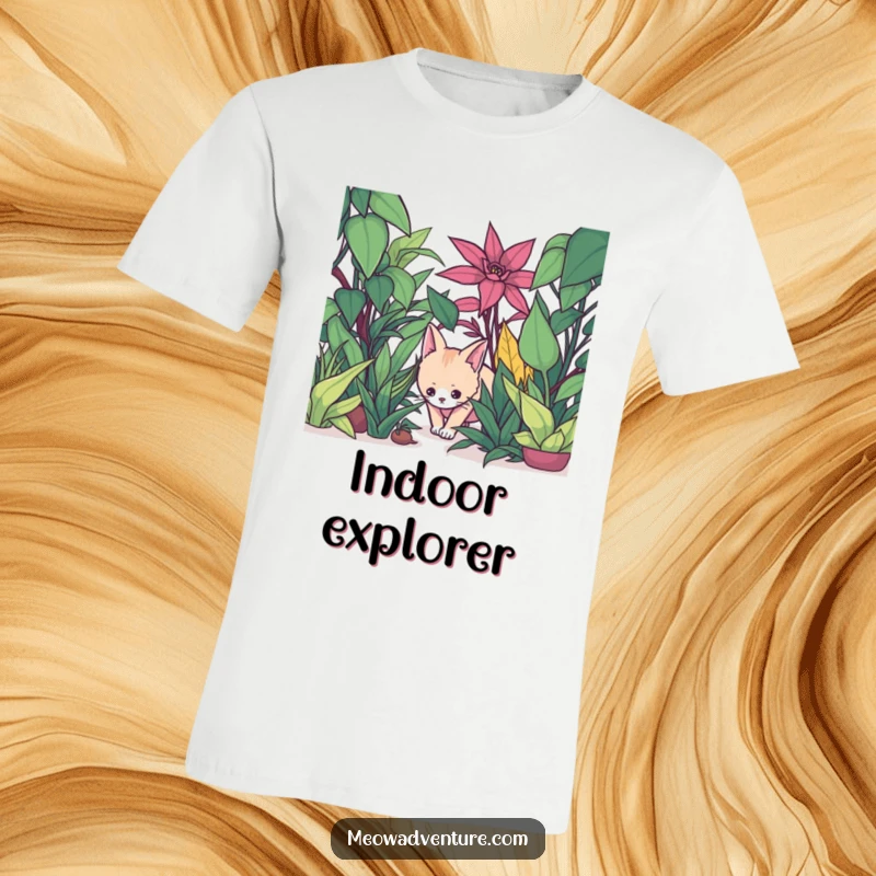 Funny cat t-shirt showing a stealthy cat on a mission through a jungle of oversized houseplants.