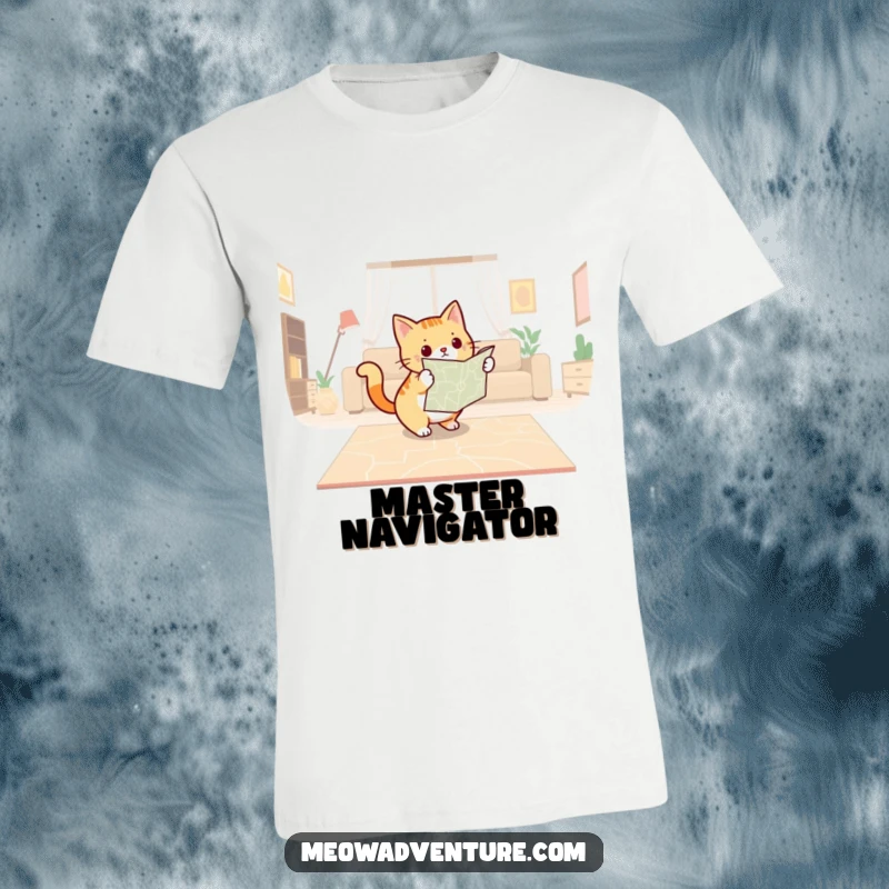 Funny t-shirt depicting a determined cat with a map, plotting a course across a living room floor with focus.