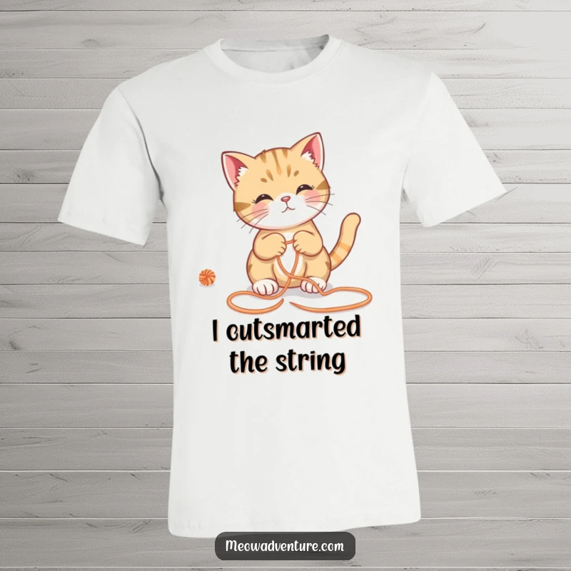 Funny cat t-shirt, intelligent cat conquering a yarn maze, proud and funny expression, perfect gift for witty individuals.