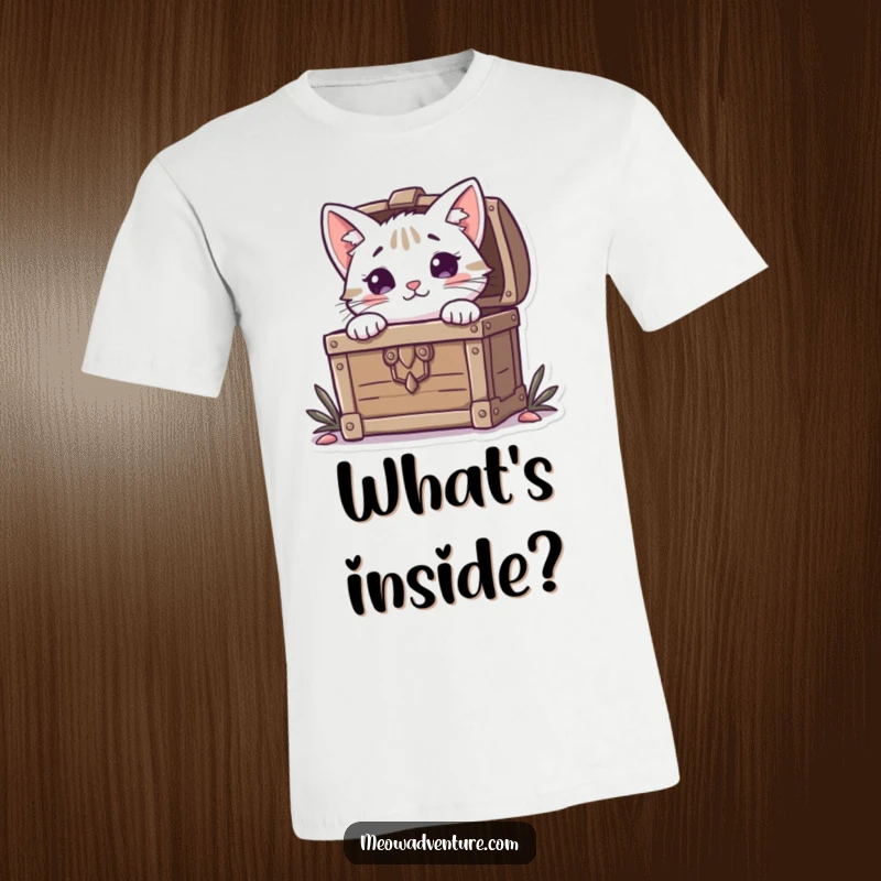 Funny Cat T-Shirt: A curious cat peeks from behind a treasure chest brimming with riches, embodying playful mischief and discovery.