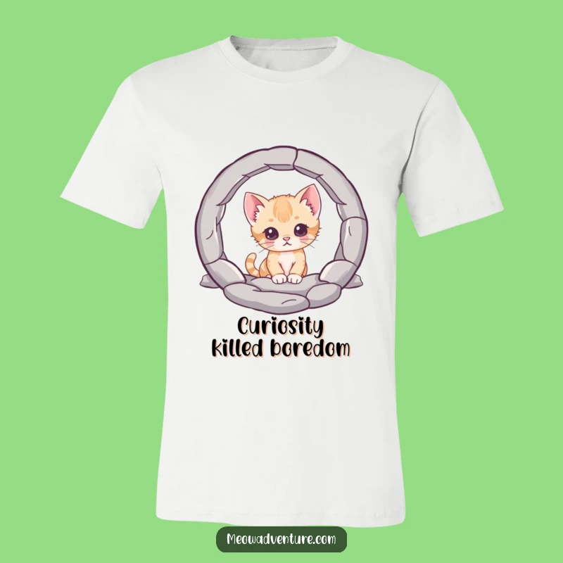 Funny Curious Kitten T-Shirt: Portal Explorer, Whimsical Style, Perfect Funny Gift
