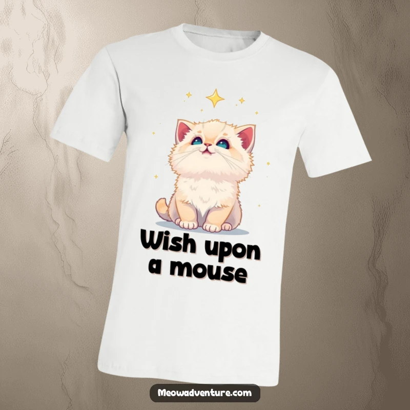 Funny fluffy kitten gazing at a beautiful starry night sky, printed on a comfy t-shirt, a dreamlike design.