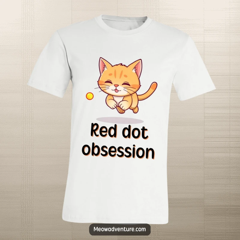 Funny Laser Cat T-Shirt showing a ginger cat leaping after a red laser dot, capturing pure, unadulterated feline fun.