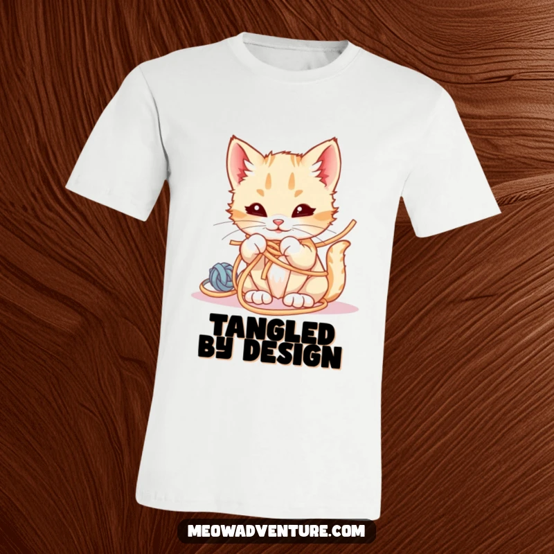 Funny T-Shirt design of a kitten with a mischievous smirk, completely entangled in a messy ball of yarn.