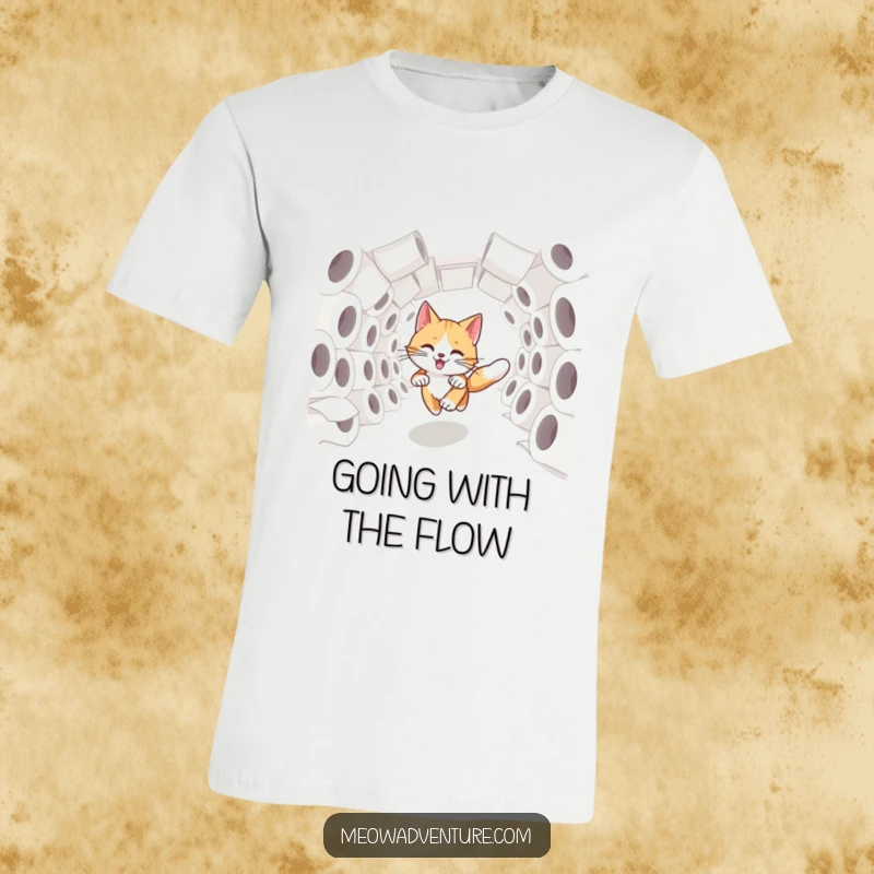 Funny swift cat dashing through a chaotic tunnel of toilet paper rolls, printed on a comical t-shirt.