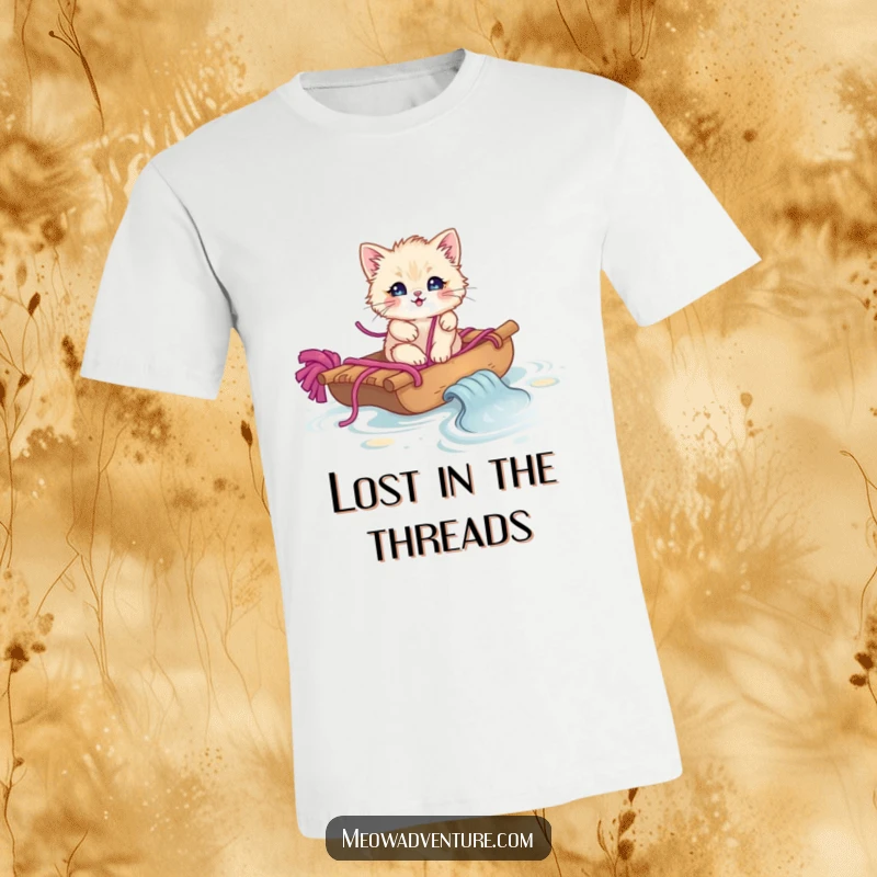 Funny fluffy kitten adrift on a yarn raft down a stream of yarn, printed on a t-shirt.