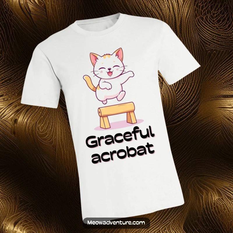 Funny playful cat in mid-air, leaping gracefully over an imaginary obstacle on a t-shirt, a dynamic and funny gift.