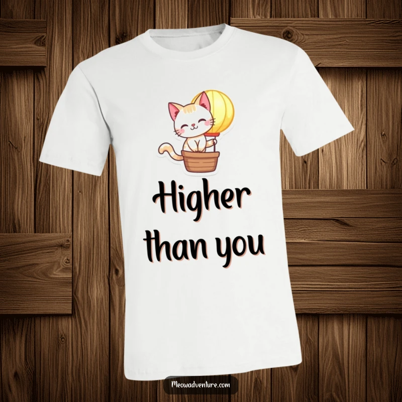 Funny Cat T-Shirt: A mischievous cat character joyfully rides a glowing hot air balloon, embodying playful adventure and humor.