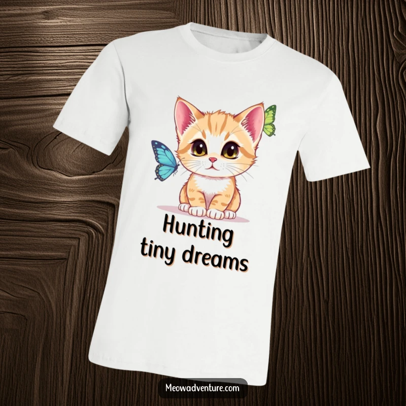 Funny T-Shirt design of a kitten with laser focus, intently observing a delicate butterfly in flight.